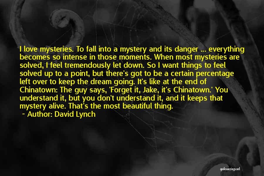 David Lynch Quotes: I Love Mysteries. To Fall Into A Mystery And Its Danger ... Everything Becomes So Intense In Those Moments. When