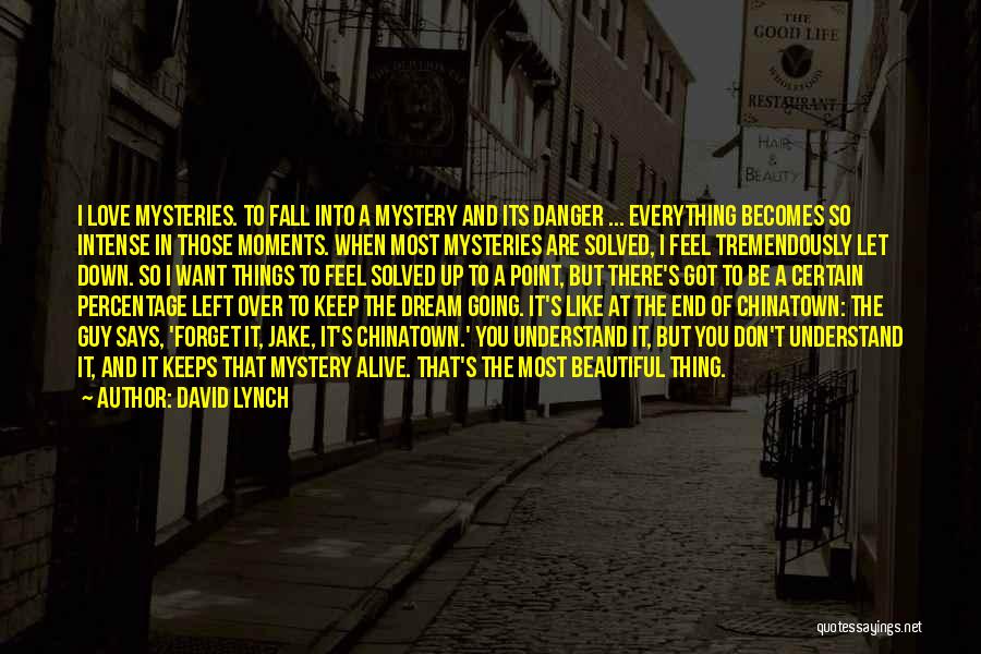 David Lynch Quotes: I Love Mysteries. To Fall Into A Mystery And Its Danger ... Everything Becomes So Intense In Those Moments. When