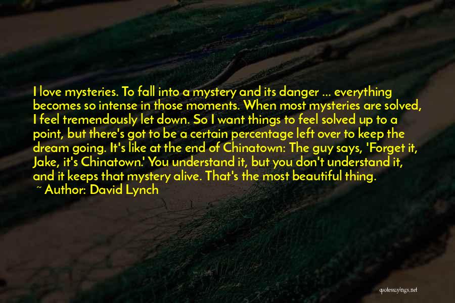 David Lynch Quotes: I Love Mysteries. To Fall Into A Mystery And Its Danger ... Everything Becomes So Intense In Those Moments. When