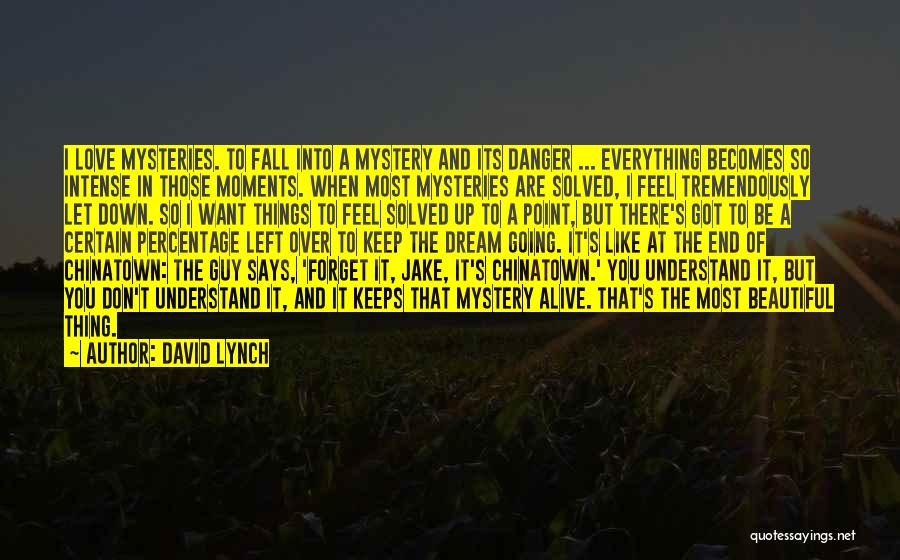 David Lynch Quotes: I Love Mysteries. To Fall Into A Mystery And Its Danger ... Everything Becomes So Intense In Those Moments. When