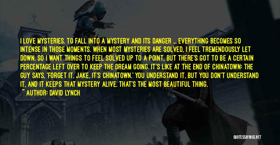 David Lynch Quotes: I Love Mysteries. To Fall Into A Mystery And Its Danger ... Everything Becomes So Intense In Those Moments. When