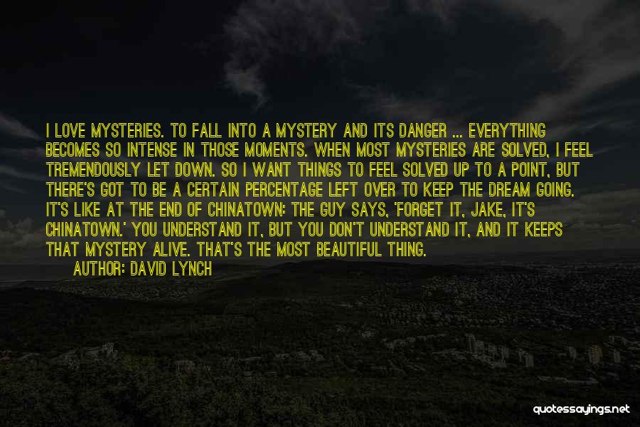 David Lynch Quotes: I Love Mysteries. To Fall Into A Mystery And Its Danger ... Everything Becomes So Intense In Those Moments. When