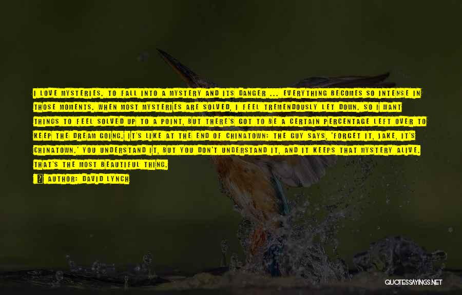 David Lynch Quotes: I Love Mysteries. To Fall Into A Mystery And Its Danger ... Everything Becomes So Intense In Those Moments. When