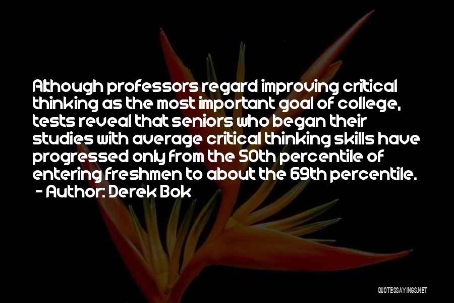 Derek Bok Quotes: Although Professors Regard Improving Critical Thinking As The Most Important Goal Of College, Tests Reveal That Seniors Who Began Their