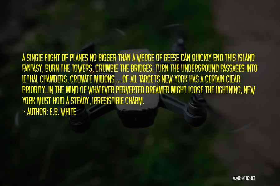 E.B. White Quotes: A Single Flight Of Planes No Bigger Than A Wedge Of Geese Can Quickly End This Island Fantasy, Burn The