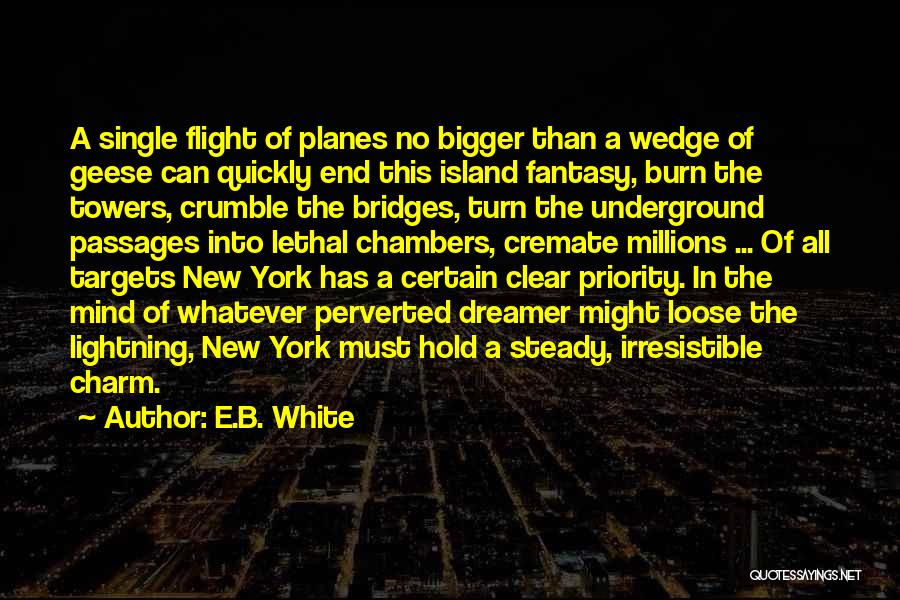 E.B. White Quotes: A Single Flight Of Planes No Bigger Than A Wedge Of Geese Can Quickly End This Island Fantasy, Burn The