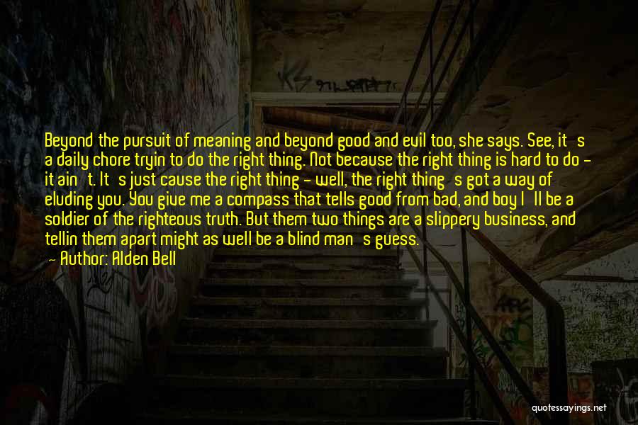 Alden Bell Quotes: Beyond The Pursuit Of Meaning And Beyond Good And Evil Too, She Says. See, It's A Daily Chore Tryin To