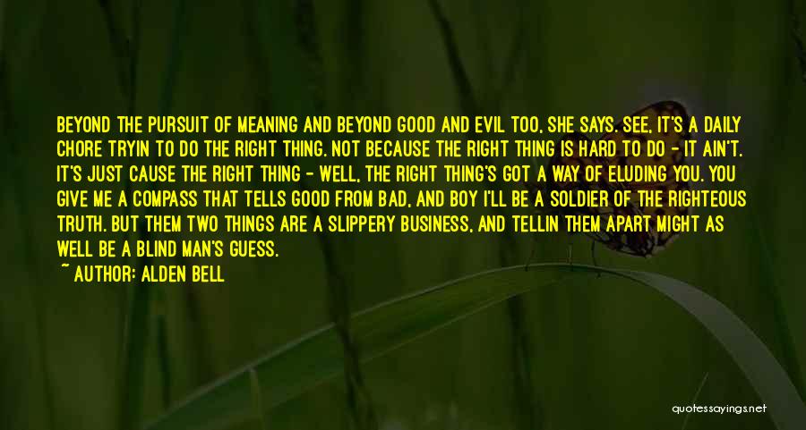 Alden Bell Quotes: Beyond The Pursuit Of Meaning And Beyond Good And Evil Too, She Says. See, It's A Daily Chore Tryin To