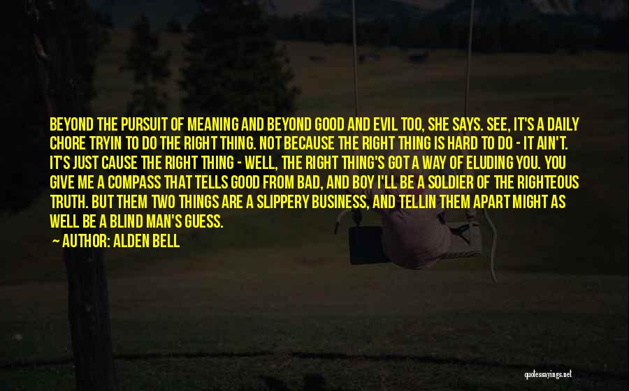 Alden Bell Quotes: Beyond The Pursuit Of Meaning And Beyond Good And Evil Too, She Says. See, It's A Daily Chore Tryin To