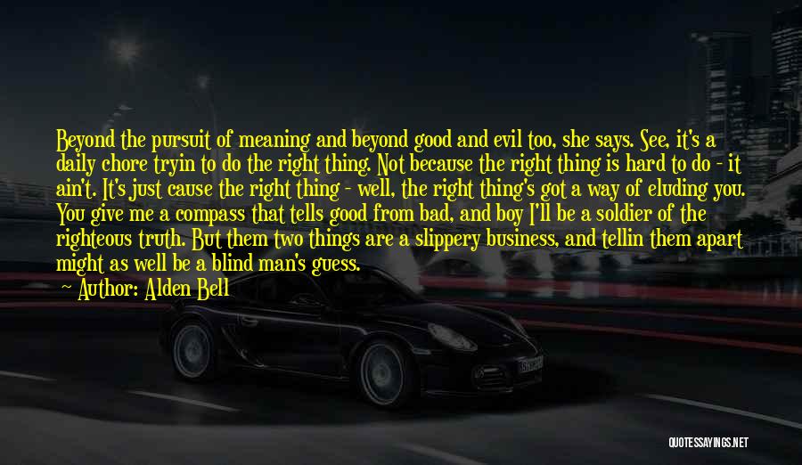 Alden Bell Quotes: Beyond The Pursuit Of Meaning And Beyond Good And Evil Too, She Says. See, It's A Daily Chore Tryin To