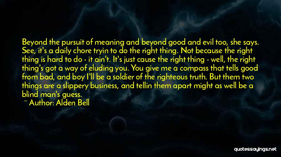 Alden Bell Quotes: Beyond The Pursuit Of Meaning And Beyond Good And Evil Too, She Says. See, It's A Daily Chore Tryin To