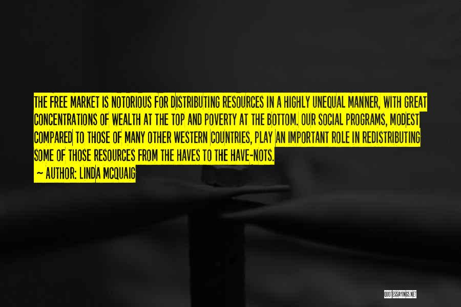 Linda McQuaig Quotes: The Free Market Is Notorious For Distributing Resources In A Highly Unequal Manner, With Great Concentrations Of Wealth At The