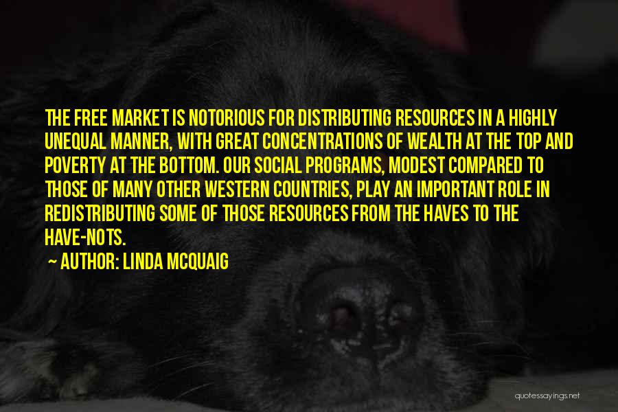 Linda McQuaig Quotes: The Free Market Is Notorious For Distributing Resources In A Highly Unequal Manner, With Great Concentrations Of Wealth At The