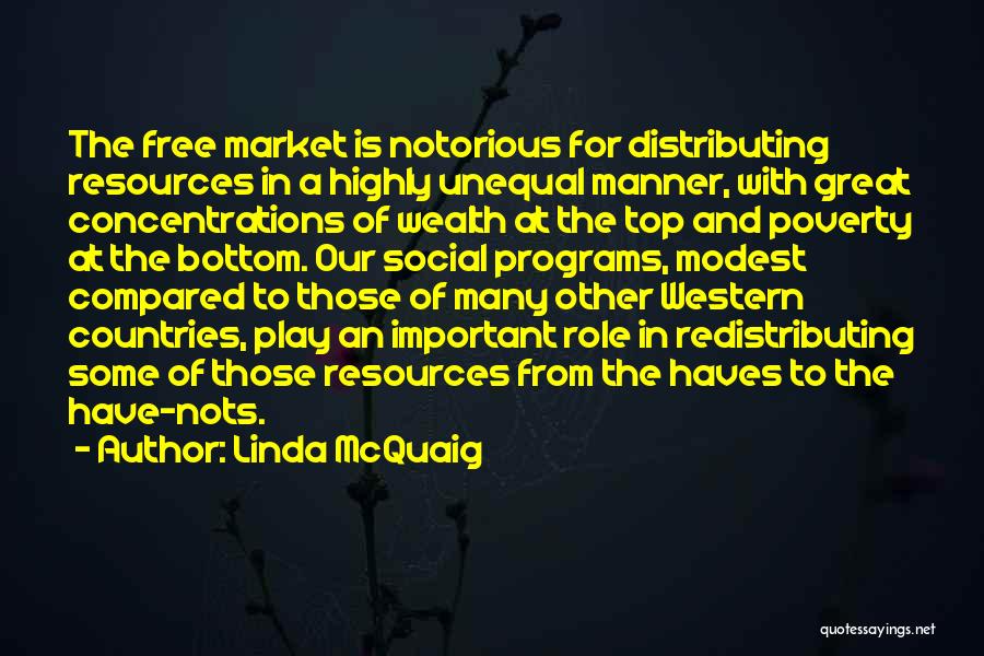 Linda McQuaig Quotes: The Free Market Is Notorious For Distributing Resources In A Highly Unequal Manner, With Great Concentrations Of Wealth At The