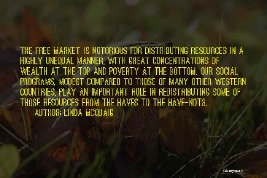 Linda McQuaig Quotes: The Free Market Is Notorious For Distributing Resources In A Highly Unequal Manner, With Great Concentrations Of Wealth At The