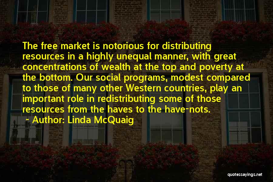 Linda McQuaig Quotes: The Free Market Is Notorious For Distributing Resources In A Highly Unequal Manner, With Great Concentrations Of Wealth At The