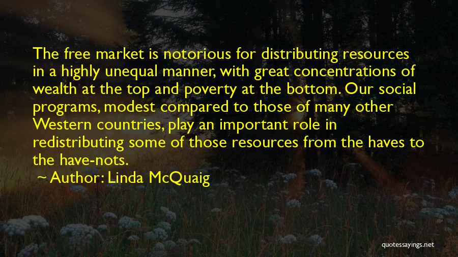 Linda McQuaig Quotes: The Free Market Is Notorious For Distributing Resources In A Highly Unequal Manner, With Great Concentrations Of Wealth At The