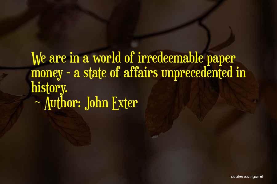 John Exter Quotes: We Are In A World Of Irredeemable Paper Money - A State Of Affairs Unprecedented In History.