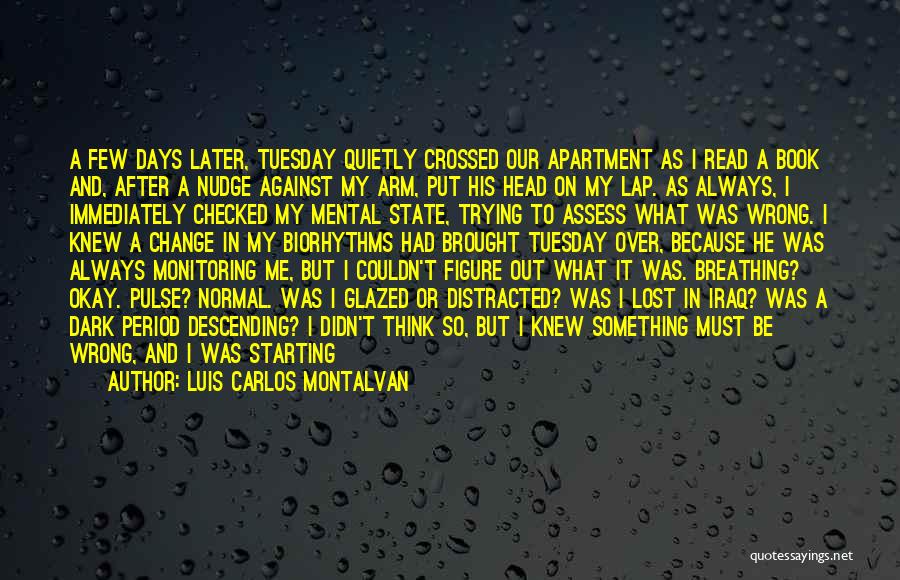 Luis Carlos Montalvan Quotes: A Few Days Later, Tuesday Quietly Crossed Our Apartment As I Read A Book And, After A Nudge Against My