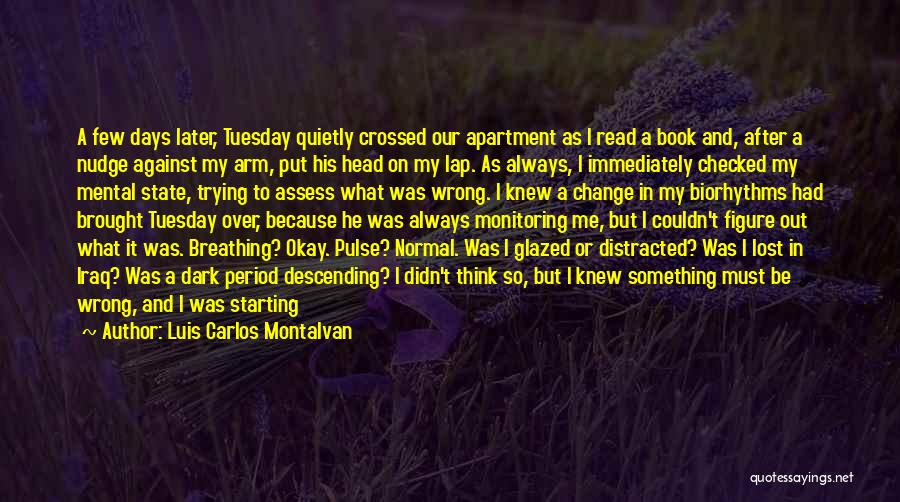 Luis Carlos Montalvan Quotes: A Few Days Later, Tuesday Quietly Crossed Our Apartment As I Read A Book And, After A Nudge Against My