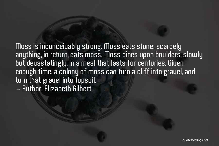 Elizabeth Gilbert Quotes: Moss Is Inconceivably Strong. Moss Eats Stone; Scarcely Anything, In Return, Eats Moss. Moss Dines Upon Boulders, Slowly But Devastatingly,