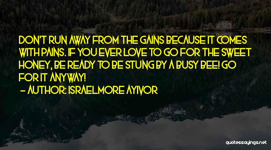 Israelmore Ayivor Quotes: Don't Run Away From The Gains Because It Comes With Pains. If You Ever Love To Go For The Sweet