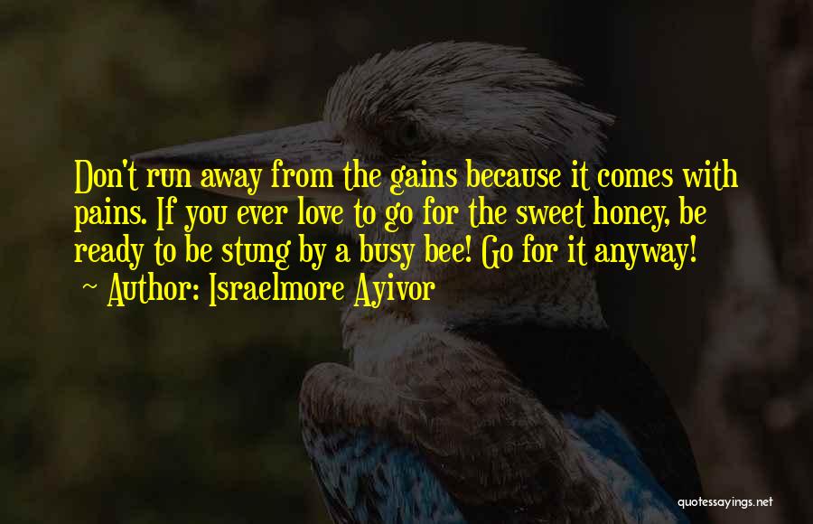 Israelmore Ayivor Quotes: Don't Run Away From The Gains Because It Comes With Pains. If You Ever Love To Go For The Sweet