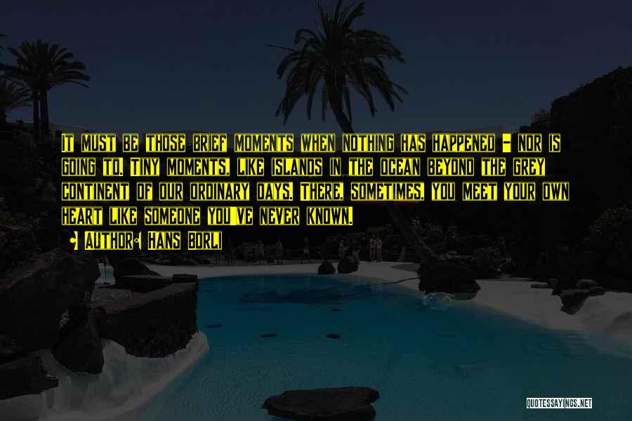 Hans Borli Quotes: It Must Be Those Brief Moments When Nothing Has Happened - Nor Is Going To. Tiny Moments, Like Islands In