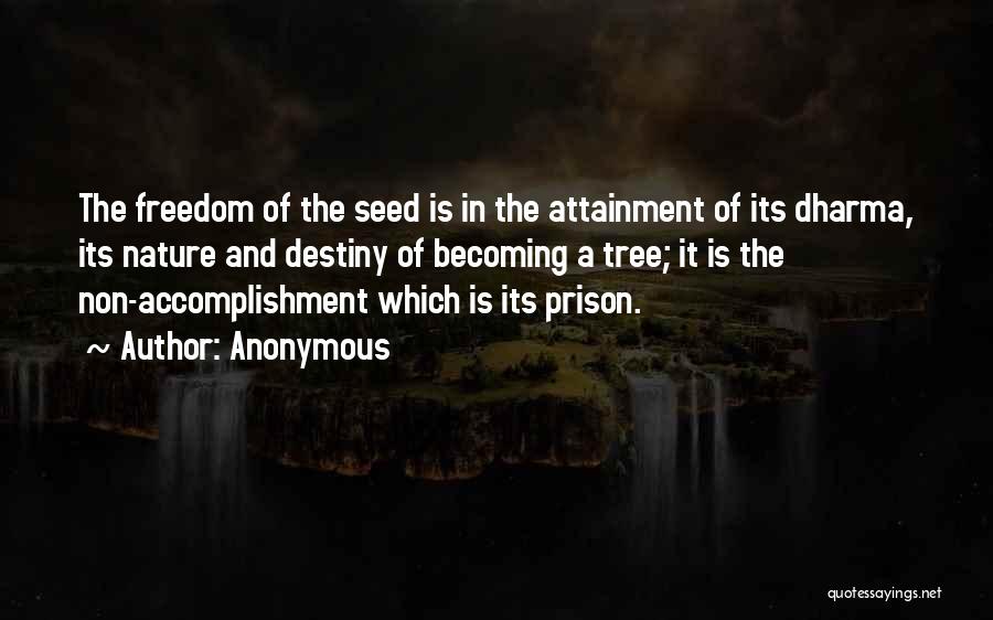 Anonymous Quotes: The Freedom Of The Seed Is In The Attainment Of Its Dharma, Its Nature And Destiny Of Becoming A Tree;