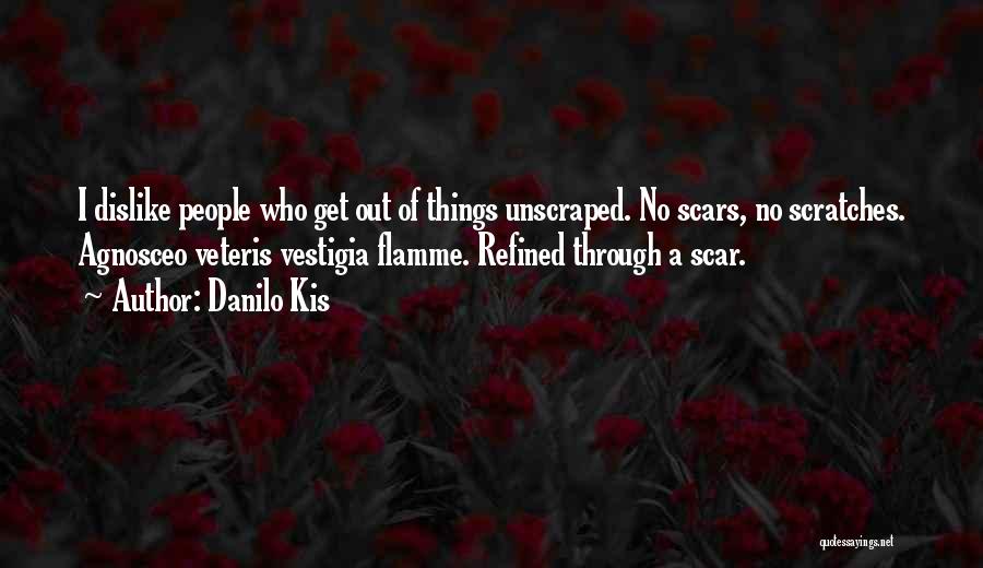 Danilo Kis Quotes: I Dislike People Who Get Out Of Things Unscraped. No Scars, No Scratches. Agnosceo Veteris Vestigia Flamme. Refined Through A