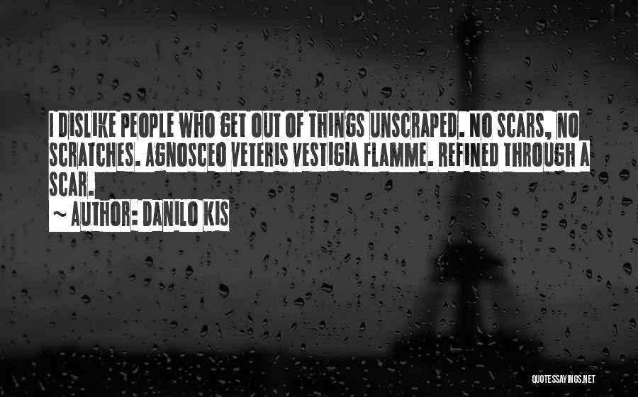 Danilo Kis Quotes: I Dislike People Who Get Out Of Things Unscraped. No Scars, No Scratches. Agnosceo Veteris Vestigia Flamme. Refined Through A