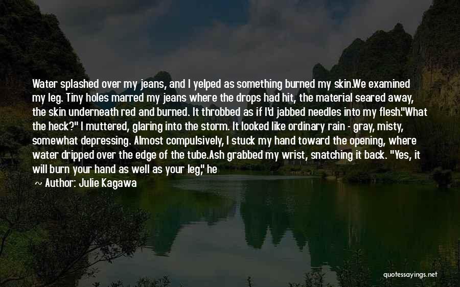 Julie Kagawa Quotes: Water Splashed Over My Jeans, And I Yelped As Something Burned My Skin.we Examined My Leg. Tiny Holes Marred My