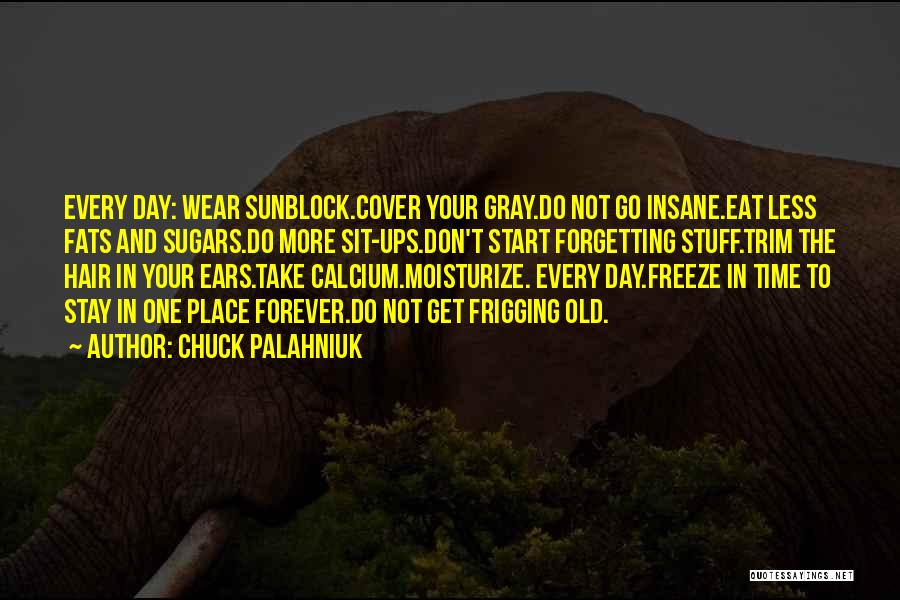 Chuck Palahniuk Quotes: Every Day: Wear Sunblock.cover Your Gray.do Not Go Insane.eat Less Fats And Sugars.do More Sit-ups.don't Start Forgetting Stuff.trim The Hair
