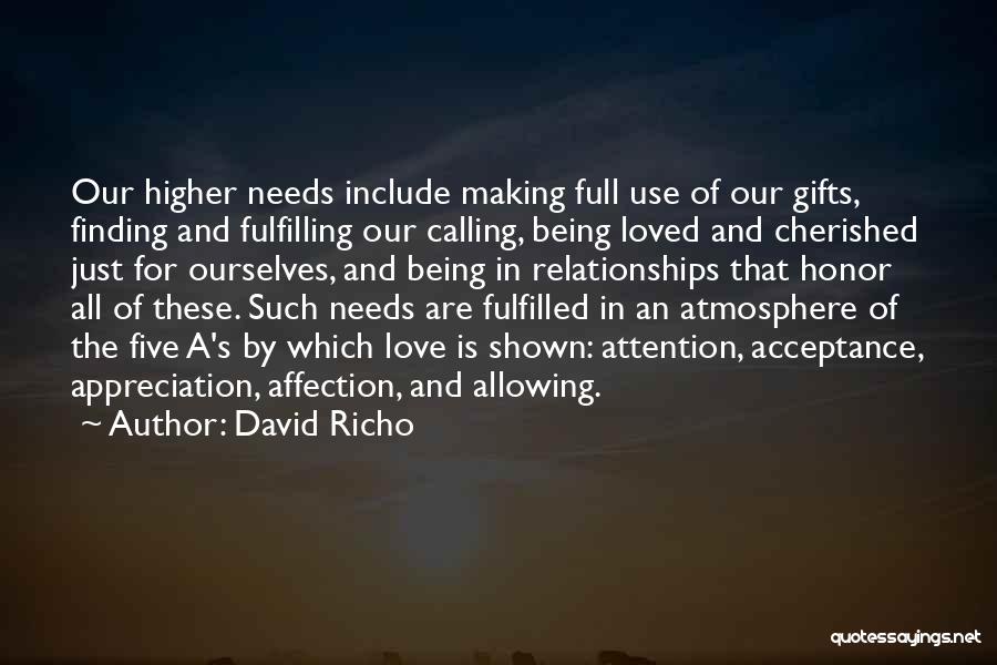 David Richo Quotes: Our Higher Needs Include Making Full Use Of Our Gifts, Finding And Fulfilling Our Calling, Being Loved And Cherished Just