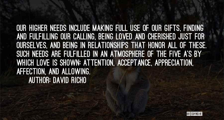 David Richo Quotes: Our Higher Needs Include Making Full Use Of Our Gifts, Finding And Fulfilling Our Calling, Being Loved And Cherished Just