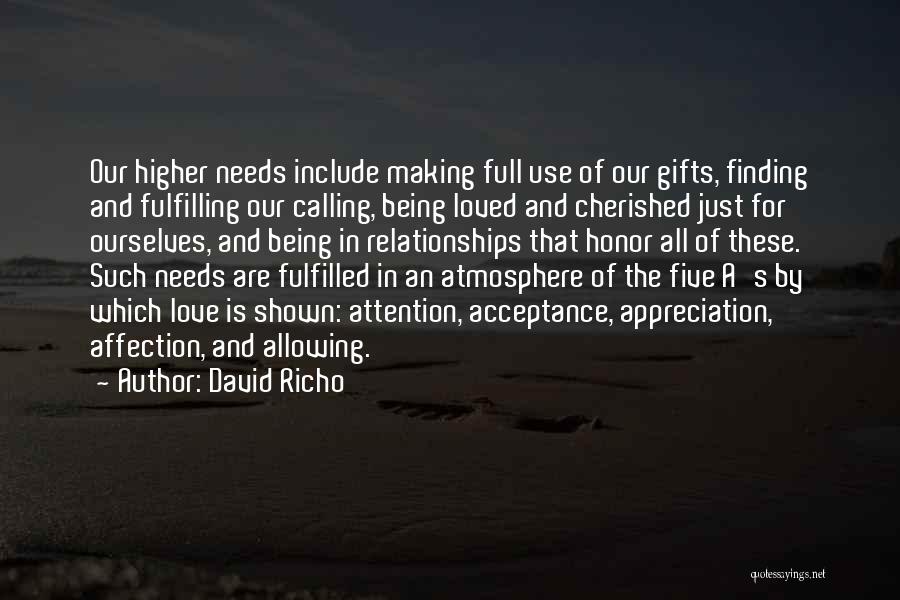 David Richo Quotes: Our Higher Needs Include Making Full Use Of Our Gifts, Finding And Fulfilling Our Calling, Being Loved And Cherished Just