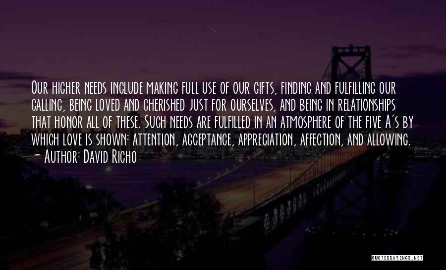 David Richo Quotes: Our Higher Needs Include Making Full Use Of Our Gifts, Finding And Fulfilling Our Calling, Being Loved And Cherished Just