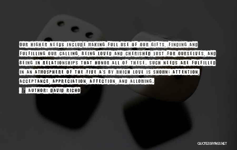 David Richo Quotes: Our Higher Needs Include Making Full Use Of Our Gifts, Finding And Fulfilling Our Calling, Being Loved And Cherished Just