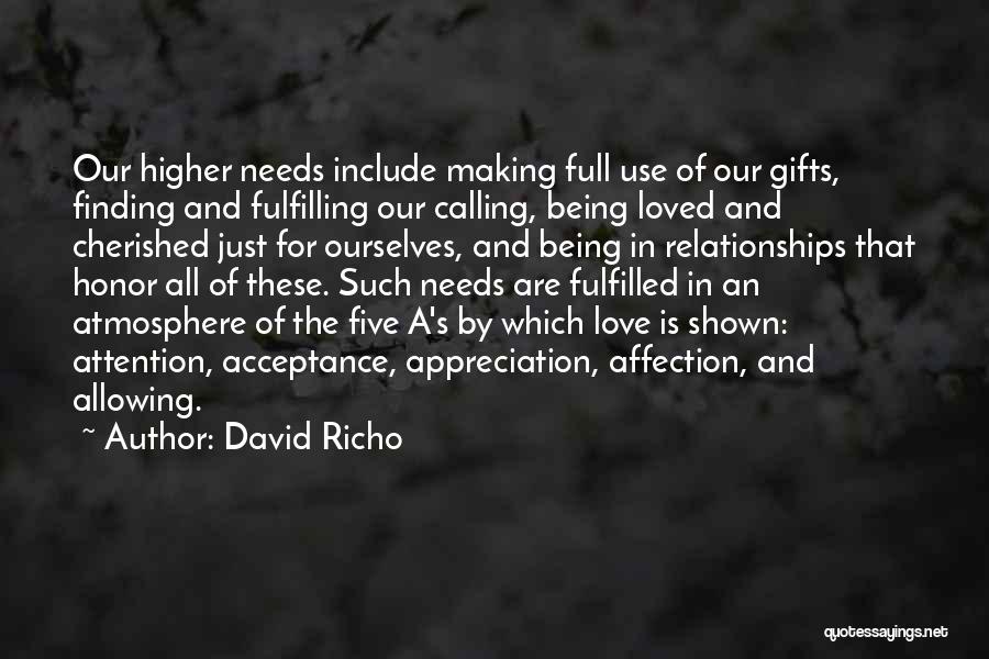 David Richo Quotes: Our Higher Needs Include Making Full Use Of Our Gifts, Finding And Fulfilling Our Calling, Being Loved And Cherished Just