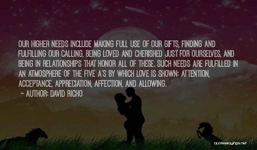 David Richo Quotes: Our Higher Needs Include Making Full Use Of Our Gifts, Finding And Fulfilling Our Calling, Being Loved And Cherished Just