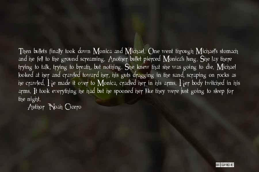 Noah Cicero Quotes: Then Bullets Finally Took Down Monica And Michael. One Went Through Michael's Stomach And He Fell To The Ground Screaming.