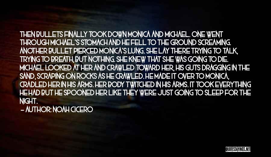 Noah Cicero Quotes: Then Bullets Finally Took Down Monica And Michael. One Went Through Michael's Stomach And He Fell To The Ground Screaming.