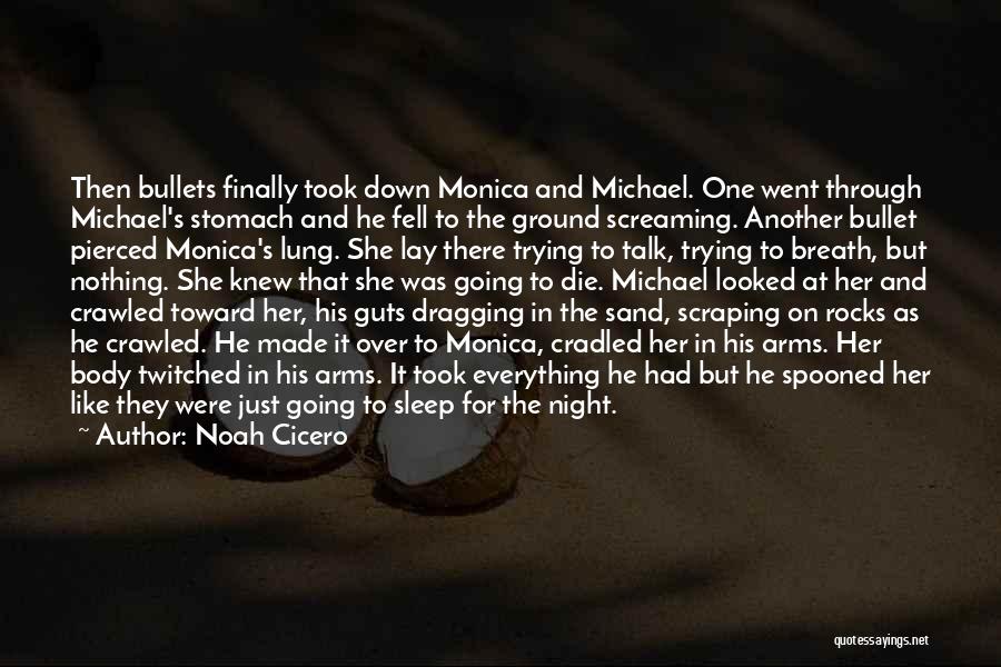 Noah Cicero Quotes: Then Bullets Finally Took Down Monica And Michael. One Went Through Michael's Stomach And He Fell To The Ground Screaming.