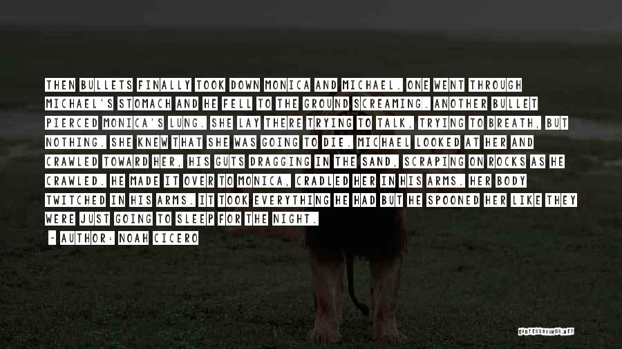 Noah Cicero Quotes: Then Bullets Finally Took Down Monica And Michael. One Went Through Michael's Stomach And He Fell To The Ground Screaming.