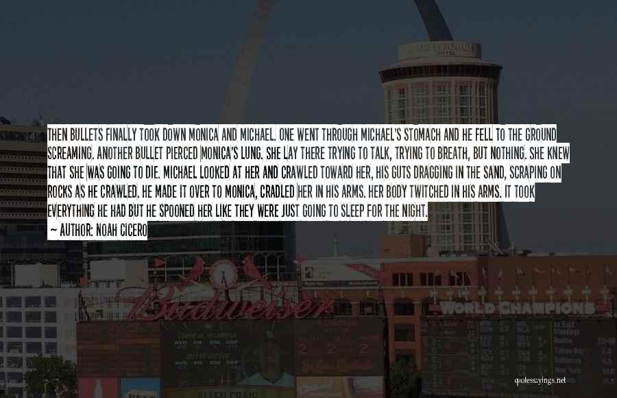 Noah Cicero Quotes: Then Bullets Finally Took Down Monica And Michael. One Went Through Michael's Stomach And He Fell To The Ground Screaming.