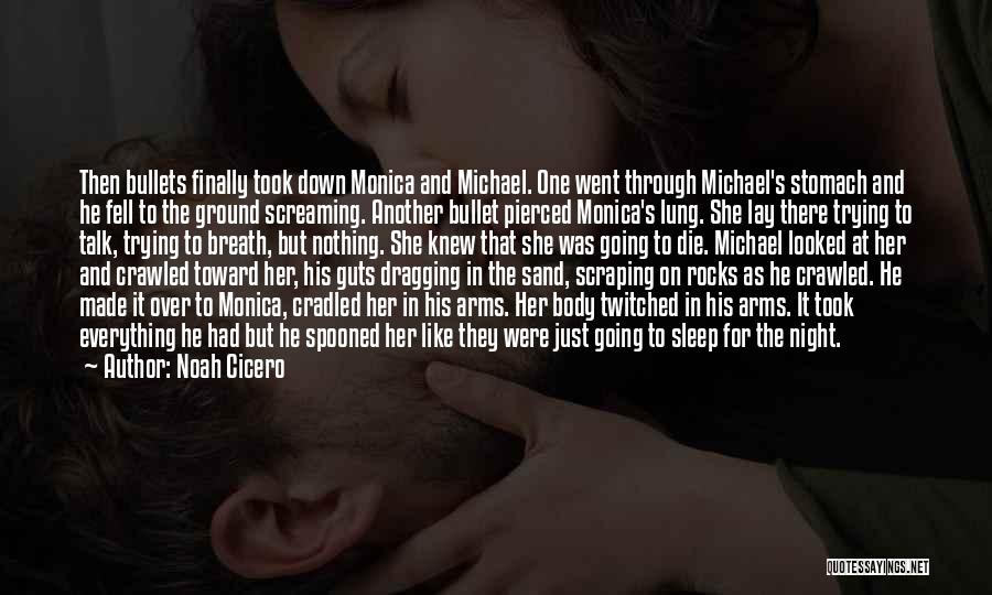 Noah Cicero Quotes: Then Bullets Finally Took Down Monica And Michael. One Went Through Michael's Stomach And He Fell To The Ground Screaming.