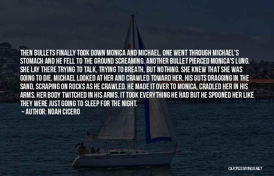 Noah Cicero Quotes: Then Bullets Finally Took Down Monica And Michael. One Went Through Michael's Stomach And He Fell To The Ground Screaming.