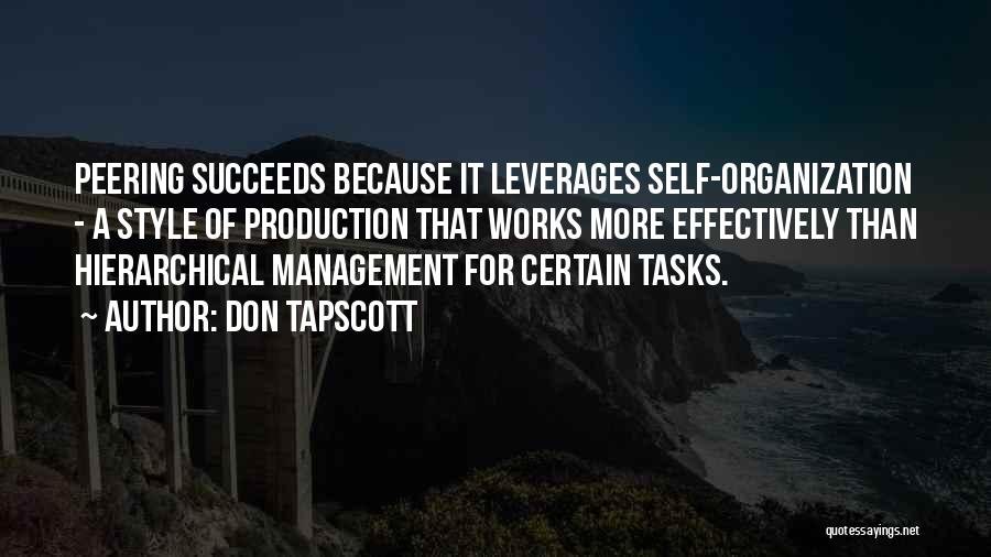 Don Tapscott Quotes: Peering Succeeds Because It Leverages Self-organization - A Style Of Production That Works More Effectively Than Hierarchical Management For Certain