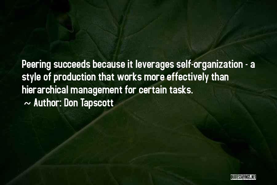 Don Tapscott Quotes: Peering Succeeds Because It Leverages Self-organization - A Style Of Production That Works More Effectively Than Hierarchical Management For Certain