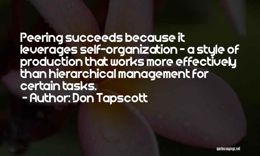 Don Tapscott Quotes: Peering Succeeds Because It Leverages Self-organization - A Style Of Production That Works More Effectively Than Hierarchical Management For Certain